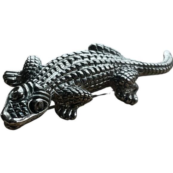 Silver Tone Crocodile Animal Brooch Pin - Picture 3 of 6